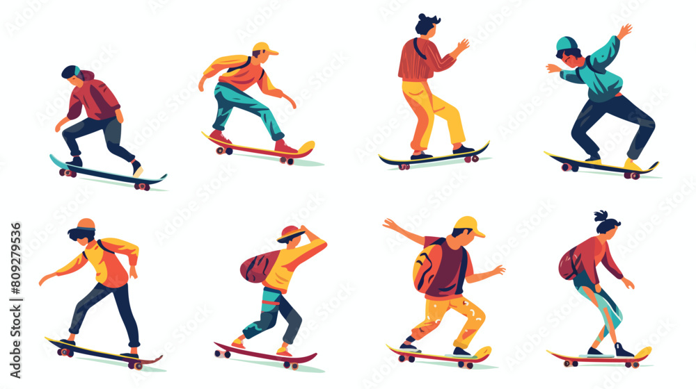 Set of modern skaters jumping with skateboards. You