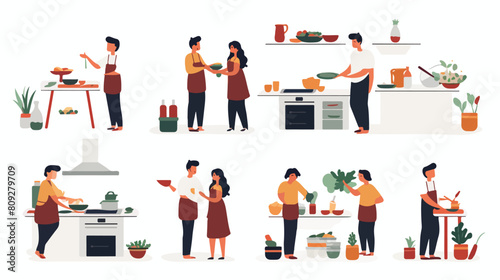 Set of people at kitchen vector flat illustration. © zoni