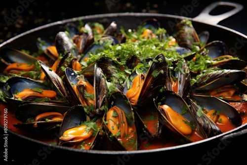 Mouthwatering Mussels boiled restaurant food. French cooking. Generate AI