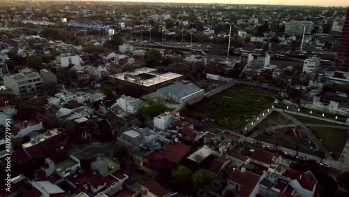 Buenos Aires, villa urquiza district, aerial view on buildings and road traffic in evening, dusk. photo
