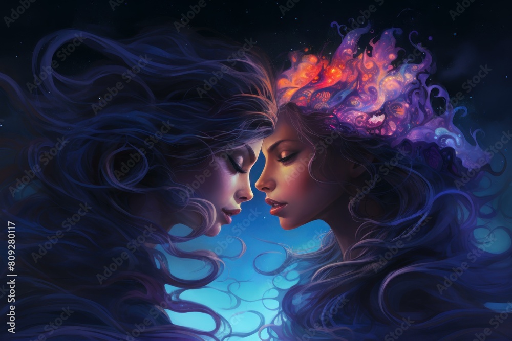Surreal artwork of two women with celestial hair merging like a nebula