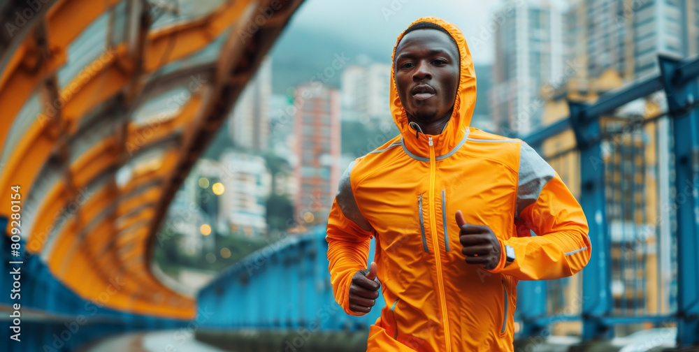 Man in orange jacket running on urban bridge with cityscape background. Man in orange jacket running on urban bridge with cityscape background.