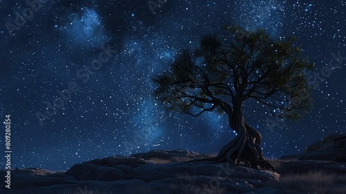 a lone tree against a starry night sky realistic