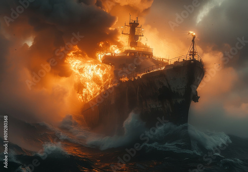 Large tanker ship is burning after collision with smaller tanker ship in the sea