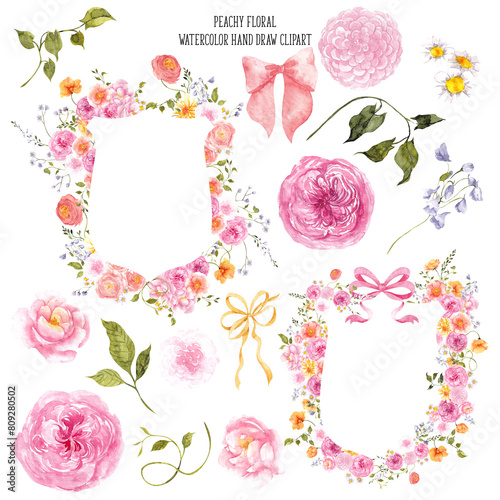 Canvas Print Watercolor hand draw clipart, peachy flowers, soft bouquet, crest frame, vintage