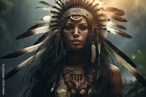 A solemn woman adorned with a traditional headdress and tribal makeup under a gentle rain