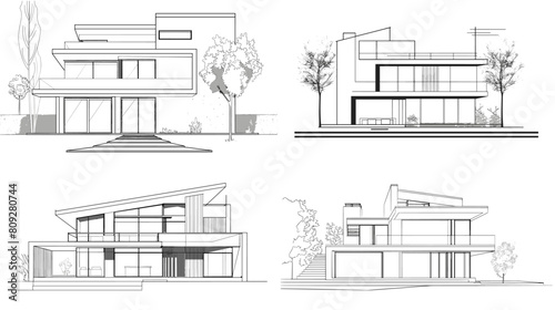 Minimalist Modern House Vector Sketch, Elegant One Line Drawing of Stylish Contemporary Architecture.
