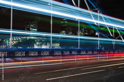 Light trails of passing cars on Tower bridge in London