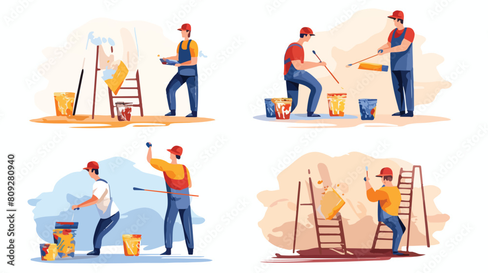 Set of painters on color background 2d flat cartoon