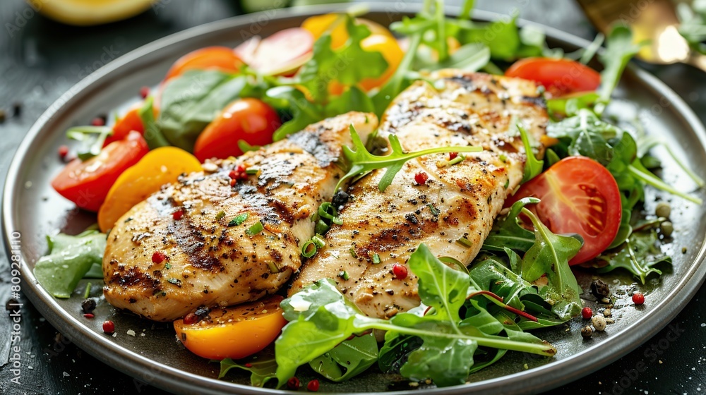 Grilled chicken breast, fillet and fresh vegetable salad. Healthy lunch menu . Generative Ai Grilled chicken breast, fillet and fresh vegetable salad. Healthy lunch menu . Generative Ai