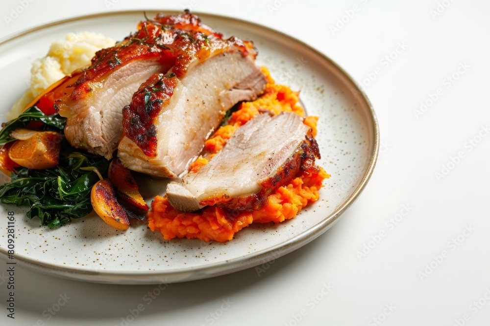 Elegant Presentation of Roast Pork with Spicy Apple Chutney and Mashed Sweet Potatoes Elegant Presentation of Roast Pork with Spicy Apple Chutney and Mashed Sweet Potatoes
