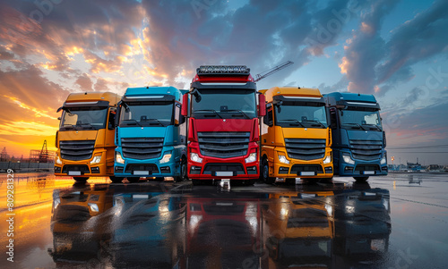 Trucks in row. A group of modern trucks parked in the parking lot with beautiful sky background