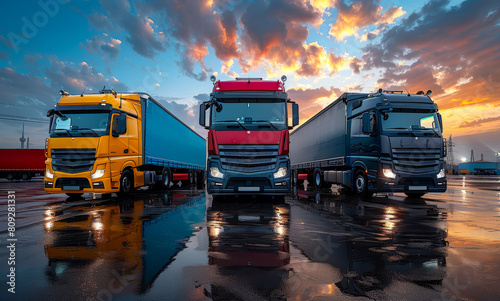 Three trucks are parked in row in the parking lot at sunset photo