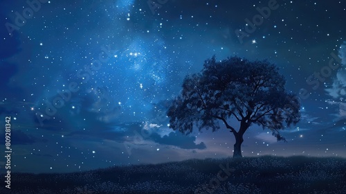 a lone tree against a starry night sky realistic