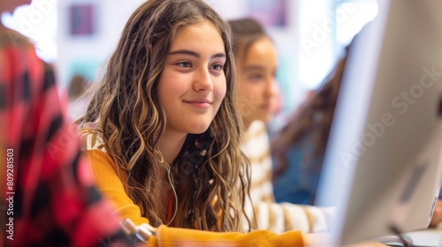 A young girl sits in front of a computer, focused on the screen as she navigates through digital content. photo