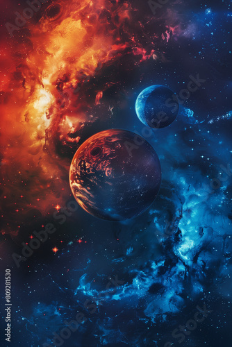 Space concept background. Sci-fi fantastic cosmic vertical poster. Amazing cosmic wallpaper. Raster bitmap digital illustration. AI artwork.