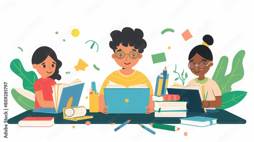 Three individuals are seated at a table, each engrossed in books and laptops, engaged in studying or working. Three individuals are seated at a table, each engrossed in books and laptops, engaged in studying or working.