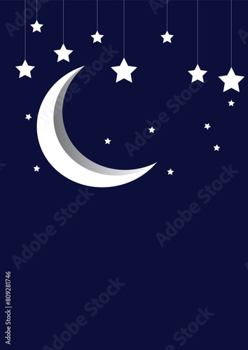 Blue background with moon star hanging stars, Islamic banner, 