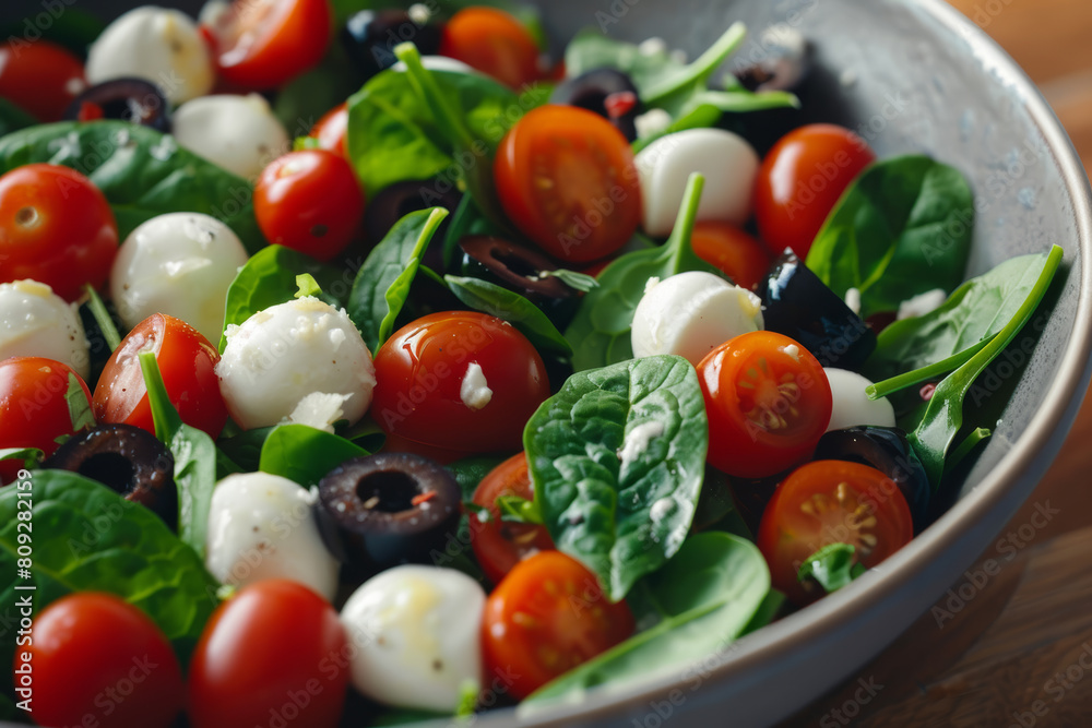 Healthy Salad Mix: Spinach, Tomatoes, Olives, Mozzarella Balls Healthy Salad Mix: Spinach, Tomatoes, Olives, Mozzarella Balls