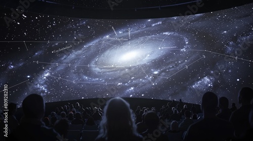 Galaxy formations visualized in a planetarium  annotated with distances  surrounded by an audience. Big data visualization