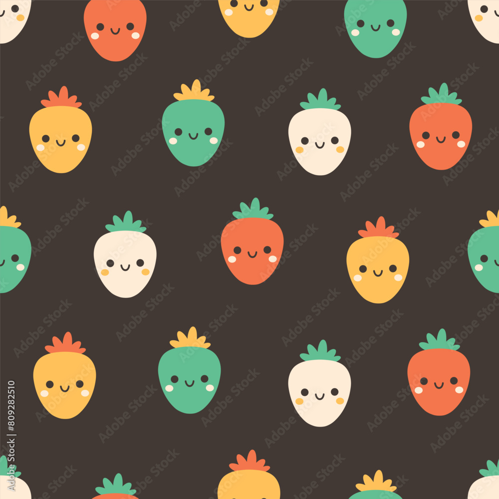 Seamless pattern with cute cartoon strawberry characters. Fruit seamless pattern. Vector illustration in flat style