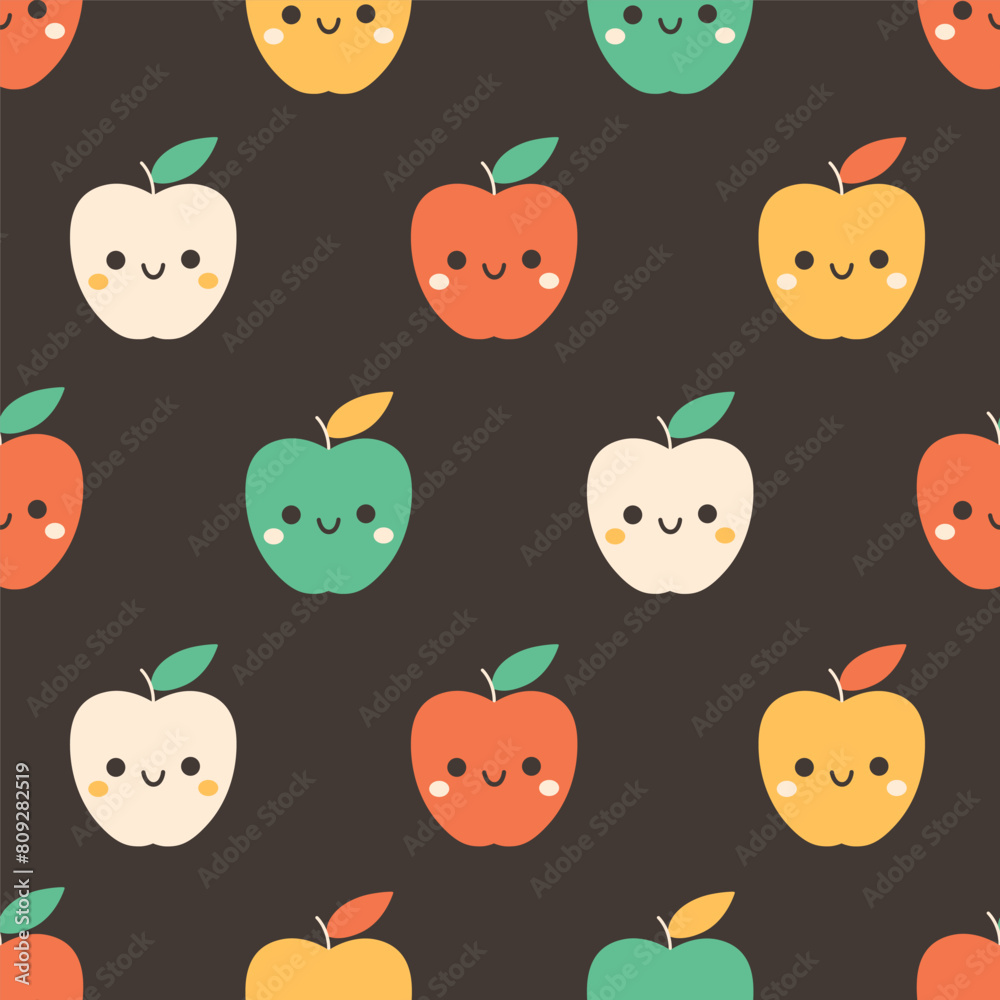 Seamless pattern with cute cartoon apple characters. Fruit seamless pattern. Vector illustration in flat style Seamless pattern with cute cartoon apple characters. Fruit seamless pattern. Vector illustration in flat style
