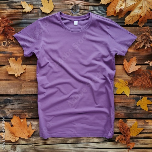 T- shirt mockup on wooden background with autumn leaves , Mock up for design and print, Front Lila T-shirt Mockup
