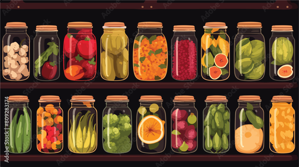 Set of pickled jars with vegetables fruits herbs an