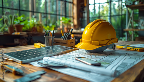 The yellow safety helmet and the blueprint on the table with laptop and tablet computer on wooden table in office