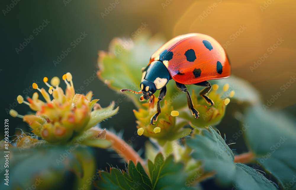 Fototapeta premium Ladybug climbing on flower in the sunlight. A beautiful lady bug in the garden