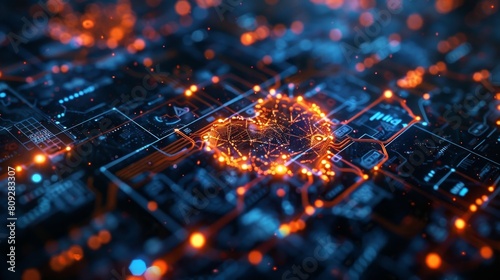 A computer circuit board displaying a heart symbol, showcasing the fusion of technology and emotions.