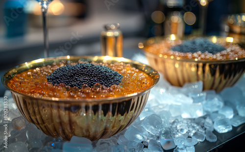 Caviar in bowl and caviar spoons on ice