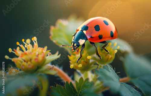Ladybug climbing on flower in the sunlight. A beautiful lady bug in the garden