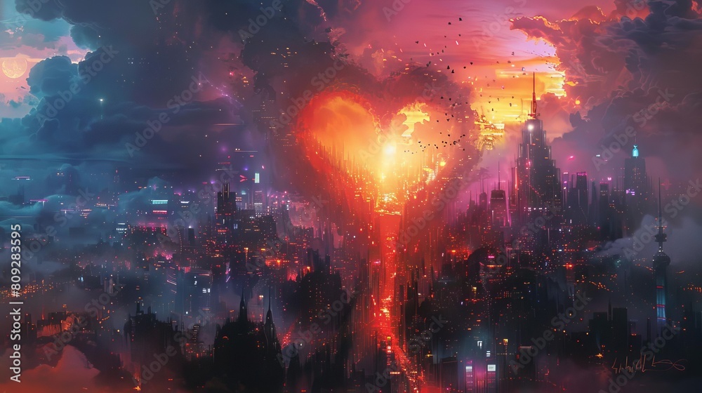 A digital painting of a heartshaped city with arteries as streets, pulsating with glowing energy A digital painting of a heartshaped city with arteries as streets, pulsating with glowing energy
