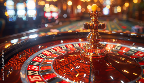 Roulette table in casino. Casino game table with roulette and cards close-up photo