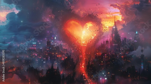 A digital painting of a heartshaped city with arteries as streets, pulsating with glowing energy
