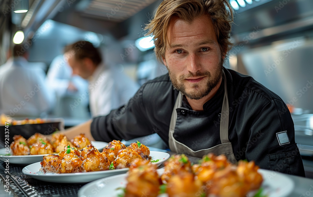 Chef standing in restaurant kitchen with plates of food Chef standing in restaurant kitchen with plates of food
