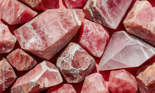 The texture of the Rhodochrosite crystals in the image is intricate and detailed, with a rich, translucent pink hue and internal facets that reflect light differently, giving them a vibrant.
