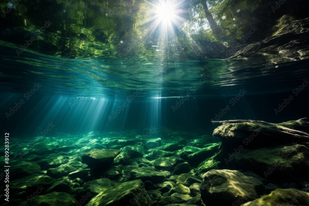 Sunlight Piercing Through The Serene Waters Of A Crystal Clear Forest Stream. Generative AI