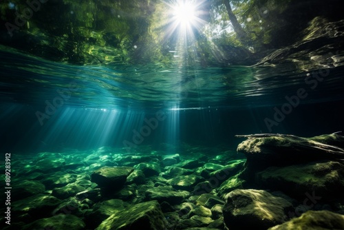 Sunlight Piercing Through The Serene Waters Of A Crystal Clear Forest Stream. Generative AI