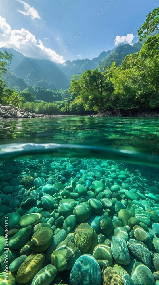 Split view of a crystal-clear river with colorful pebbles and lush green mountains Split view of a crystal-clear river with colorful pebbles and lush green mountains