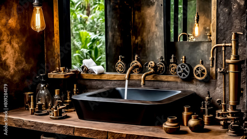 A bathroom with a black sink and a mirror