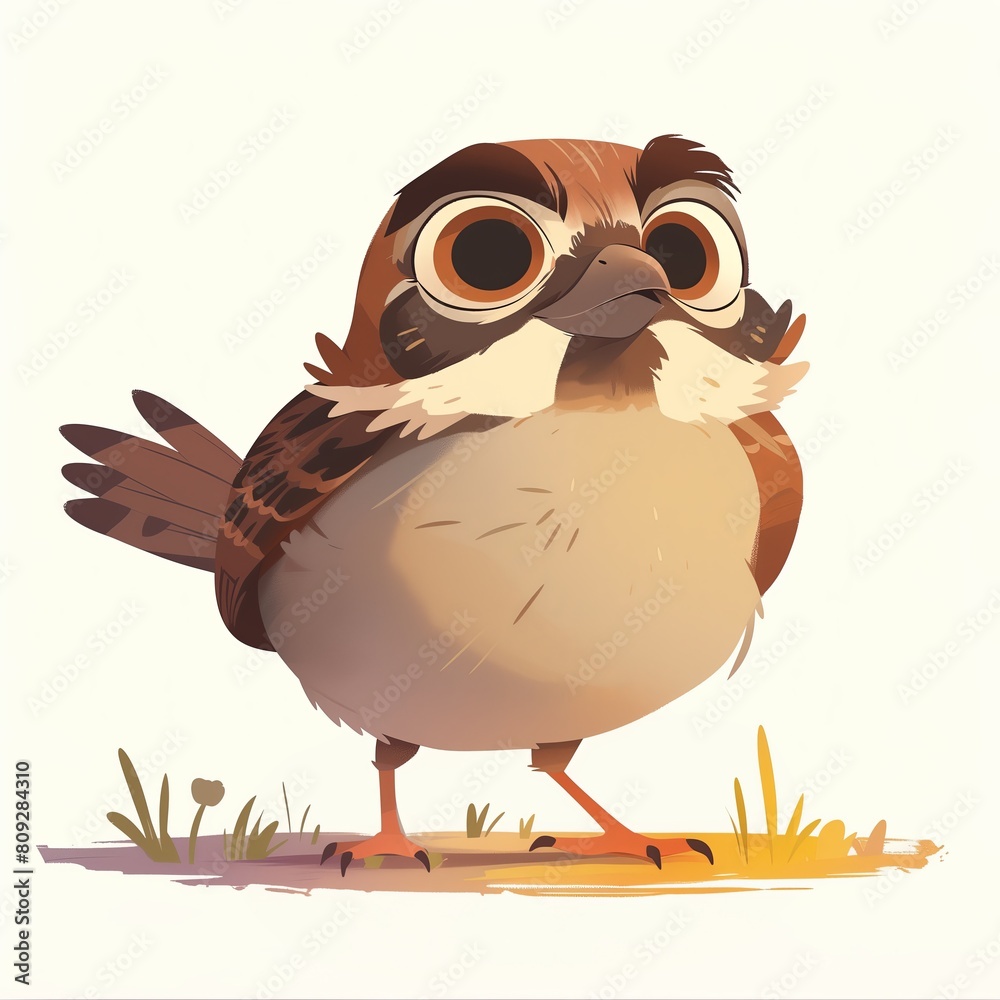 Naklejka premium This charming cartoon sparrow, with big expressive eyes, is depicted enjoying a sunny day, perfect for teaching kids about bird species and nature observation