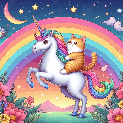 Unicorn and cat on rainbow background - illustration for children.