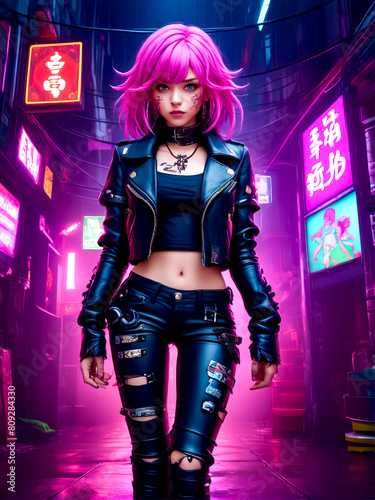 A woman in a black leather jacket and ripped jeans walks down a neon lit street