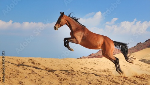 a brown horse is mid air leaping energetically