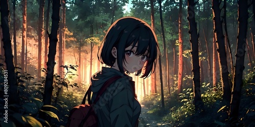 Anime girl on a forest background, sad, anime illustration