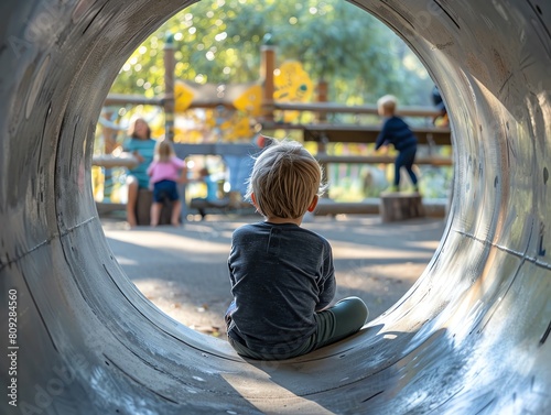 A child s perspective from inside a large concrete pipe in a playground, looking out at other children playing, symbolizing curiosity and play