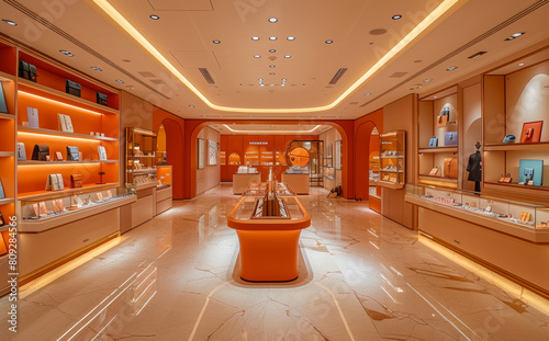 A display window in jewellery store. Luxury interior of the shop photo