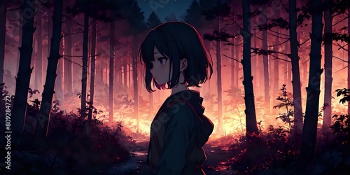 Sad anime girl against the background of the forest, PC wallpaper © Serejasolov